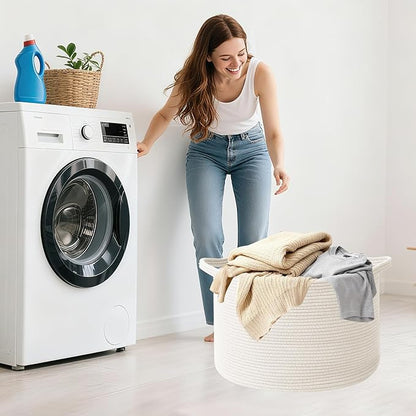 65L Large Woven Cotton Rope Blanket Basket with Handles, Laundry Hamper Storage Bin for Pillows, Comforters,Clothes, Toys, Nursery, Bedroom and Living Room Organization,White