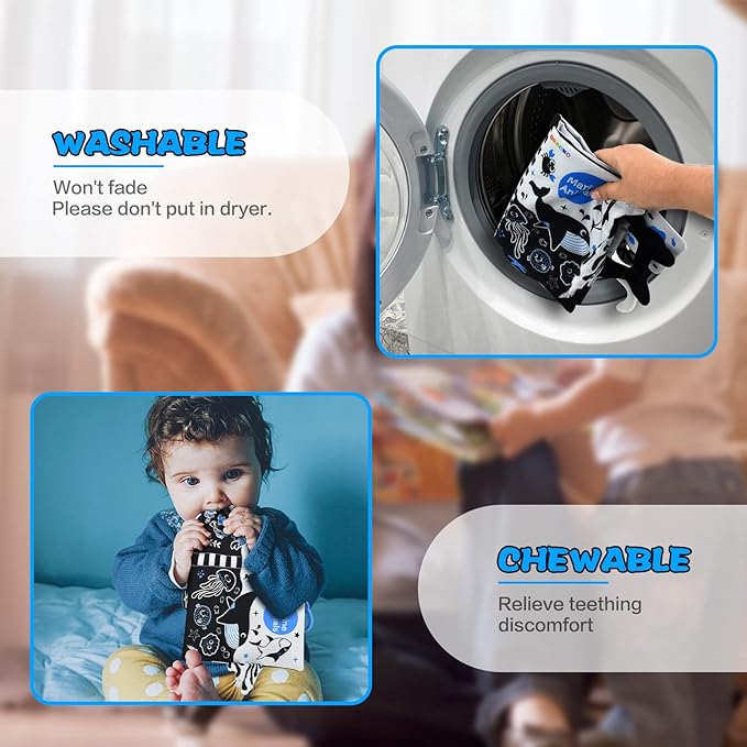 OKOOKO Soft Baby Book Black and White High Contrast Marine Animals Tails Book Bath Book Montessori Sensory Stroller Toy Non-Toxic Crinkle Washable Early Education for Baby Infant Toddler