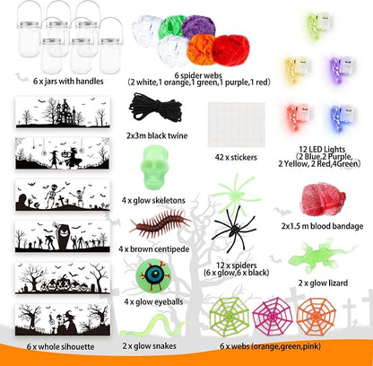 Shemira Halloween Craft Kit for Kids, 6 pcs Glass Mason Jar with Accessories for DIY Lantern Jar, Halloween Art & Craft Party Supplies, Halloween Art Activities,Halloween Craft and Art Party Supplies