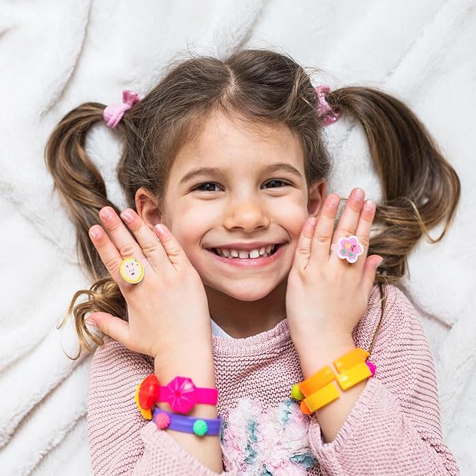 Little Girl Jewel Rings, Adjustable Pink Rings Girls Kids Pretend Play and Dress up Jewelry Set, Cute Rings with Display Case Party Favors Toys Gifts
