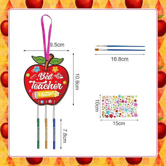 Fennoral 8 Pack Teacher Appreciation Wind Chime Kit for Kids Make You Own Apple Wind Chime for Girls Boys Teacher Day Craft DIY Paint Craft for Teacher Appreciation Ornaments Teacher Gifts