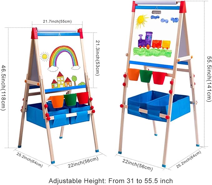 Kid's Art Easel with Adjustable Double-sided Magnetic Board, Paper Roll, Storage and Accessories, Standing Art Easel for Kids (31-55.5 inches)