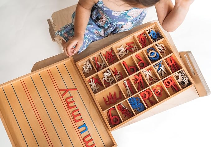 Movable Alphabet Montessori Wooden Letters- Moveable Alphabet with Box Letter Mats - Lower Case Letters - Writing, Reading, Spelling, and Language Learning Materials (Red and Blue)