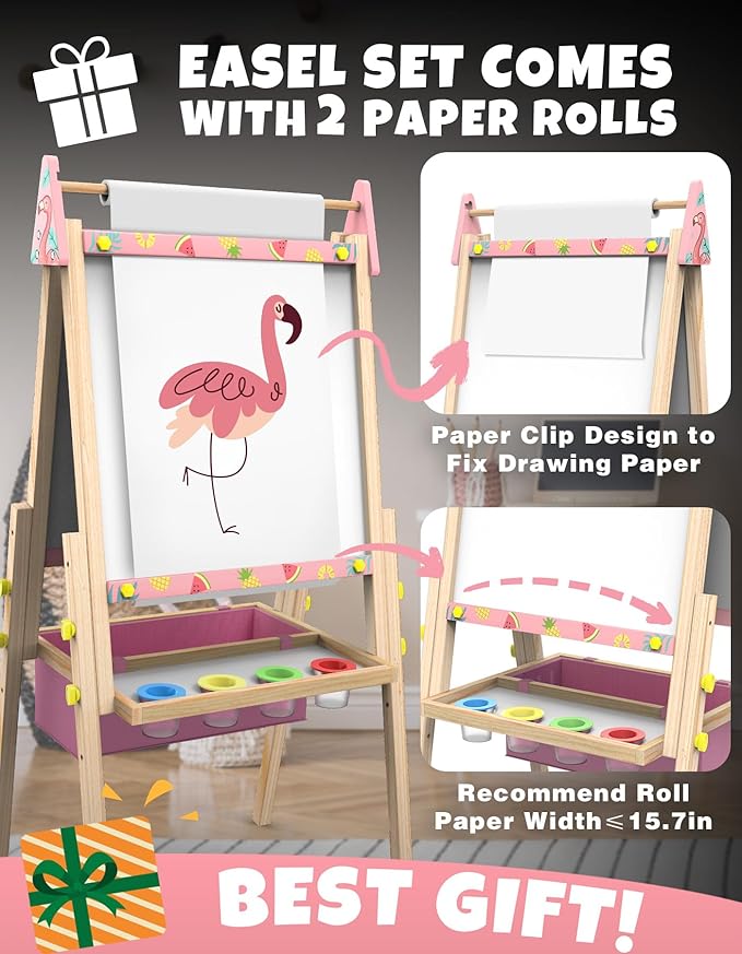 Joyooss Art Easel for Kids Easel for Toddlers, Adjustable Standing Wooden Toddler Easels Kids Board Whiteboard & Chalk Board Kids Dry Erase Board, Art Easel for Kids Easel for Kids