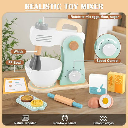 Play Kitchen Accessories, Wooden Toy Mixer, Wooden Kitchen Accessories for Kids, Pretend Play for Toddlers 3-5