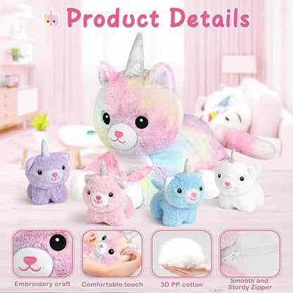 KMUYSL Toys for Ages 0 1 2 3 4 5 6 7 8+ Years - Plush Mommy Stuffed Animal with 4 Babies in Her Tummy, Soft Plush Toys Set, Christmas Birthday Gifts for Girls Boys, Toddler, Kids (Unicorn Cat Toys)