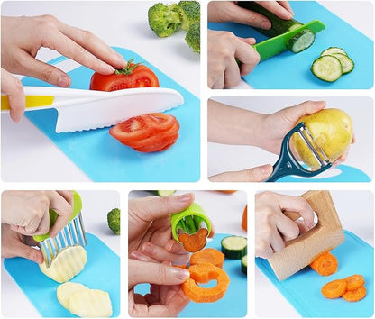 Kids Safe Knives Set, 30 Pieces Kids Wooden Kitchen Knife Kits for Real Cooking with Cutting Board, Peeler, Potato Slicer, Fruit Cutters Shapes and Fork Picks, Dishwasher Safe