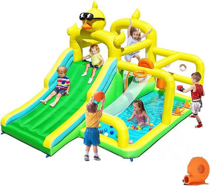 Baralir Duck-Themed Inflatable Bounce House with Extra Wide Slide & Climbing Wall, Basketball Hoop, Ring Toss, Punching Bag, 2-in-1 Splash Pool/Ball Pit - Indoor/Outdoor Jumping Castle for Toddlers