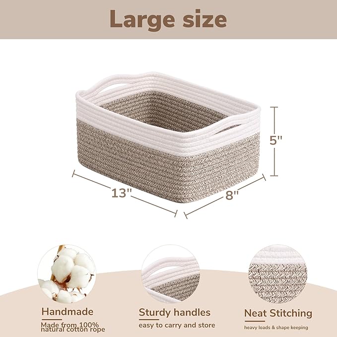 Goodpick Baskets for Organizing, 13 x 8 x5 in, Baskets for Shelves, Toy Storage, Home Decor, Dorm Decor 3 Pack for Bathroom, White & Light Brown