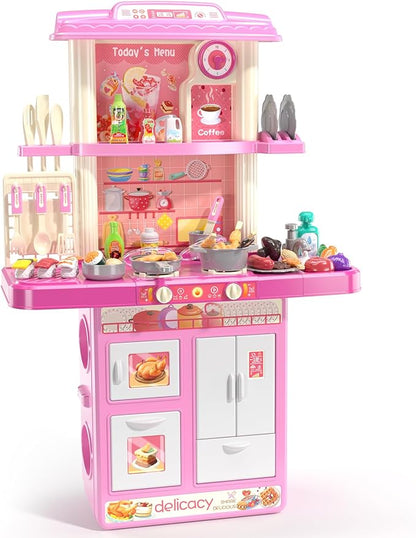 TEMI Kitchen Playset for Kids, Play Kitchen for Toddlers, 46 PCS Kitchen Toy Accessories Set, Real Sounds and Light, Indoor/Outdoor Playset for Kids, Girls & Boys