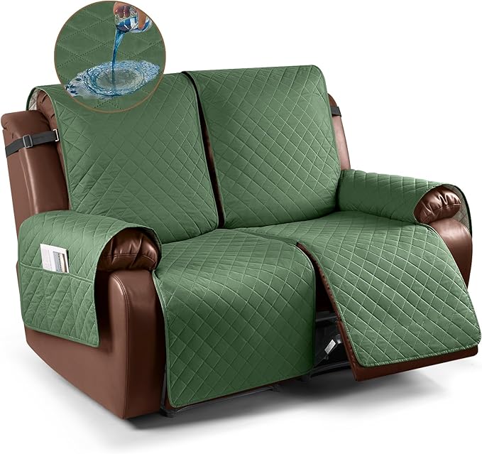KinCam Waterproof Loveseat Recliner Cover, Non-Slip Reclining Couch Covers for 2 Seat, Recliner Sofa Cover Furniture Protector with Elastic Straps for Kids, Pets, Vine Green