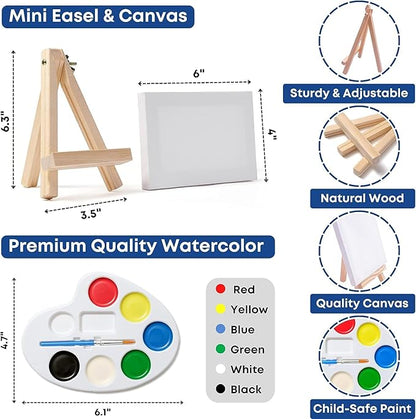 Set of 6 Mini Canvases 4x6 & Easel Set with Watercolors Paint - Party Favors for Kids 3 to 5 - Goody Bag Stuffers - Return Gifts for Kids Birthday - Small Canvases for Painting