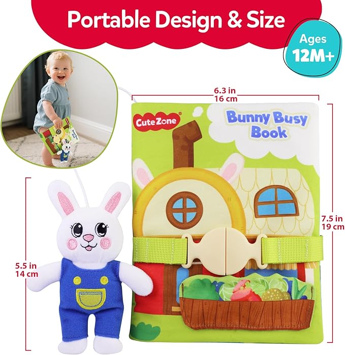Busy Book for Toddlers 1-3, Montessori Quiet Book with 12 Activities and Attached Bunny, Soft Toddler Busy Board for Fine Motor Skills, Travel Toy Gift for 1+ Year Old Boys Girls