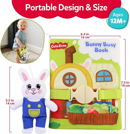 Busy Book for Toddlers 1-3, Montessori Quiet Book with 12 Activities and Attached Bunny, Soft Toddler Busy Board for Fine Motor Skills, Travel Toy Gift for 1+ Year Old Boys Girls
