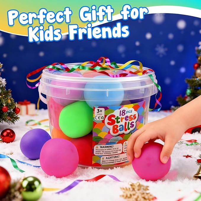 Squishy Stress Balls for Kids Adults: 18 Pack Stretchy Fidget Ball for Nervousness Stress Relief, Hand Therapy Sensory Squeeze Ball, Fidget Classroom Must Haves, Party Favors for Kids 3-12