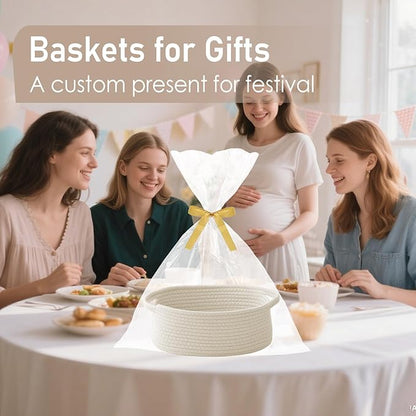 JMvicyroam Woven Basket,Small Rope Storage Bin with Handles & Ribbon Bag, Organizer for Shelves Closets,Gift Basket Empty for Birthday,Books,Dog Toys,White/3 Pack