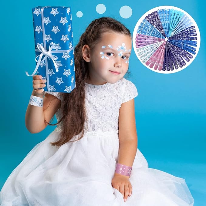 48 Pieces Snowflake Slap Bracelet Winter Theme Snowman Snap Bracelet Kids Party Favors Classroom Prizes Kids Bracelet Slap Bracelets Wristbands for Kids Children Winter Party, 12 Styles (Snowflake)