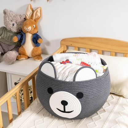 CherryNow Cotton Rope Baby Cute Storage Basket for Organizing, Toy Woven Rope Bear Basket for Kids, Empty Gift Baskets with Handles, Grey, 15.7" D x 10.5" H