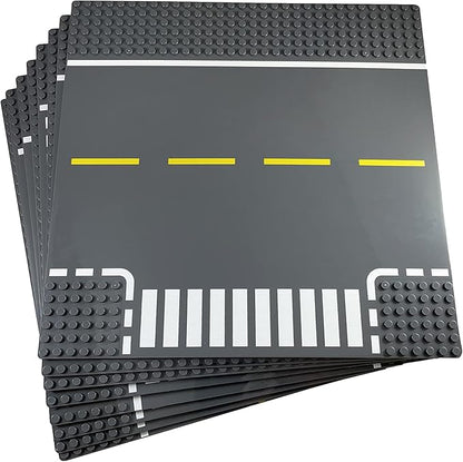 Apostrophe Games Road Baseplate – Premium Building Blocks Base Plates Compatible with All Major Brands – 8pcs Baseplate Gray with Road Design – Straight, Curve, Crossroad, T-Junction Gray Base Plates