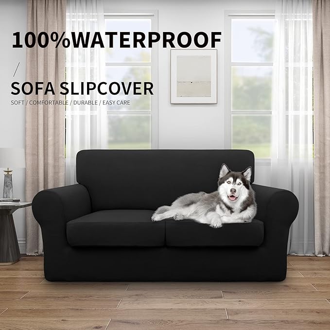 Easy-Going 100% Dual Waterproof Loveseat Cover Stretch Soft Couch Cover for Dogs, Sofa Slipcover for 2 Separate Cushion Couch Leakproof Furniture Protector for Kids, Pets Black