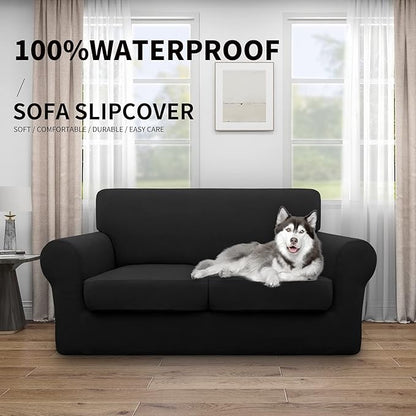 Easy-Going 100% Dual Waterproof Loveseat Cover Stretch Soft Couch Cover for Dogs, Sofa Slipcover for 2 Separate Cushion Couch Leakproof Furniture Protector for Kids, Pets Black
