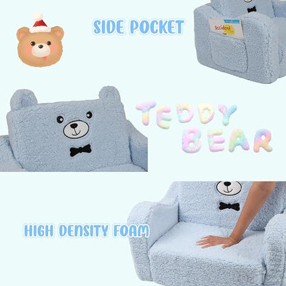 Kids Chairs for Toddler, 2-in-1 Toddler Soft Sherpa Couch Fold Out, Convertible Sofa to Lounger for Girls and Boys, Teddy Bear, Blue