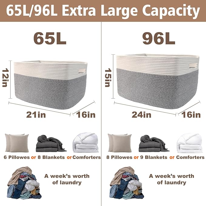 JMvicyroam Woven Blanket Basket,65L Large Storage Bin for Blankets Toys Clothes,Decorative Rope Basket for Living Room Bedroom with Handles, White&Grey