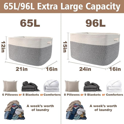 JMvicyroam Woven Blanket Basket,65L Large Storage Bin for Blankets Toys Clothes,Decorative Rope Basket for Living Room Bedroom with Handles, White&Grey