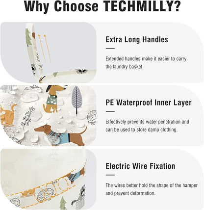 TECHMILLY Large Storage Basket for Girls and Boys, Collapsible Laundry Hamper with Long Handles, Toy Bins for Nursery, Kids Room Décor (Cartoon Animal)