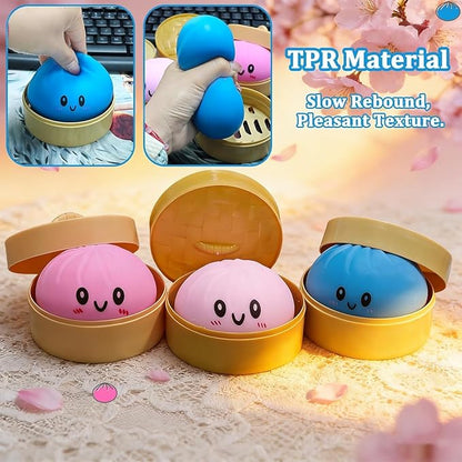 Dumpling Squishy Stress Ball,Jumbo Dumpling Stress Ball,with Steamer,Soft Squeeze Decompression Dough for Adults,Simulation Food Squishies Bun (Blue)