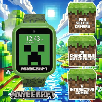 Accutime Microsoft Minecraft Green Educational Learning Touchscreen Smart Watch Toy for Boys, Girls, Toddlers - Selfie Cam, Learning Games, Alarm, Calculator, Step Tracker & more! (Model: MIN4045AZ)