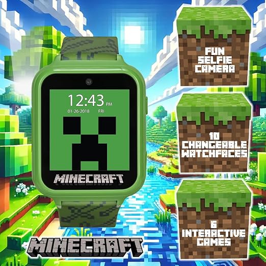 Accutime Microsoft Minecraft Green Educational Learning Touchscreen Smart Watch Toy for Boys, Girls, Toddlers - Selfie Cam, Learning Games, Alarm, Calculator, Step Tracker & more! (Model: MIN4045AZ)