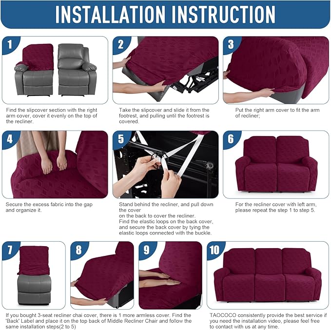 TAOCOCO Recliner Sofa Covers Stretch Reclining Couch Cover, Jacquard Recliner Couch Cover for 3 Seat Furniture Protector Sofa Slipcovers with Elastic Bottom for Kids, Pets (Burgundy)