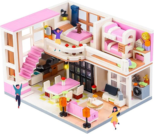 Friends Duplex Apartment Building Block Sets, Mini Pink Dream House Kitchen Home Cottage Collectible Display Modular Decor Bricks Kits Birthday Gifts Ideas for Adults Teens 8-12 14+ (1221 PCS)