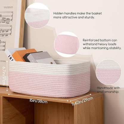 OIASKET Storage Baskets for Organizing 3 Pack, Woven Baskets for Shelves, Closet Organizer Bins Empty Gift Basket Toy Storage for Toys, Books, Towels, Clothes, 15"x11.42"x6.7", Pink