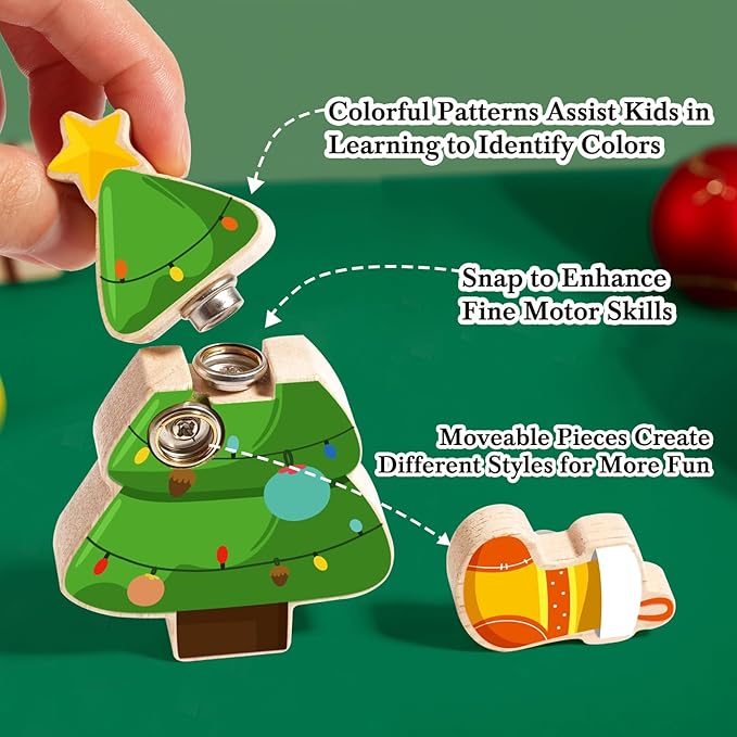 HUZU Christmas Snap Together Building Blocks Toy, Santa, Reindeer, Snowman, Christmas Tree Take Apart Characters, 3 4 5 6 7 8 Years Old Kids Wooden Puzzle, STEM Fine Motor Skill Christmas