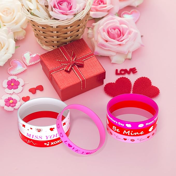 NEBURORA 16 Pieces Valentine's Day Silicone Wristbands Pink Red Heart Rubber Bracelets for Valentine's Gift Party Decoration Favors