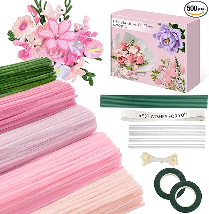 500 Pcs Pipe Cleaners Craft，5 Colors Pipe Cleaners Bulk,Chenille Stems Flowers Craft kit for DIY Handmade Bouquet Wrapping Party Decorations whit Ribbons，Stems,Tape，Stamens, Glue Sticks (Pink)