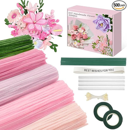 500 Pcs Pipe Cleaners Craft，5 Colors Pipe Cleaners Bulk,Chenille Stems Flowers Craft kit for DIY Handmade Bouquet Wrapping Party Decorations whit Ribbons，Stems,Tape，Stamens, Glue Sticks (Pink)