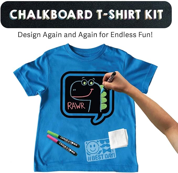 Blue Speech Bubble Chalkboard Short Sleeve T-Shirt Kit for Kids with 3 Markers and 1 Stencil (Youth X-Small)