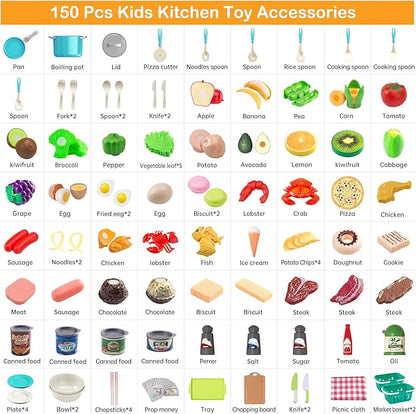 150Pcs Kitchen Playset, Toddlers Pretend Cooking Cookware Accessories, Food, Picnic Blanket, Fruits, Veges, 2Pack Shopping Storage Basket, Dessert and Prop Money, Gift for Kids (Turquoise)