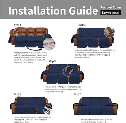 Easy-Going Oversized Recliner Sofa Cover, Reversible Couch Cover for 3 Seat Recliner, Split Sofa Cover for Each Seat with Elastic Straps for Kids, Dogs, Pets (3 Seater, Navy/Navy)