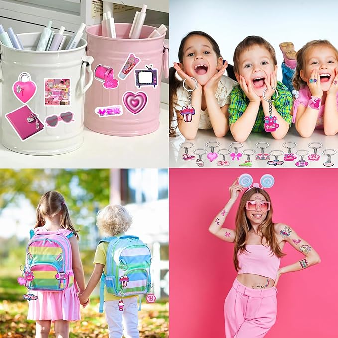 Pink Party Favors 98 Pc Princess Party 12 keychain, 12 Tattoo stickers, 12 bracelets, 12 Glass diamond ring, 50 stickers sheet for Girl Hot Pink Birthday Party Supplies