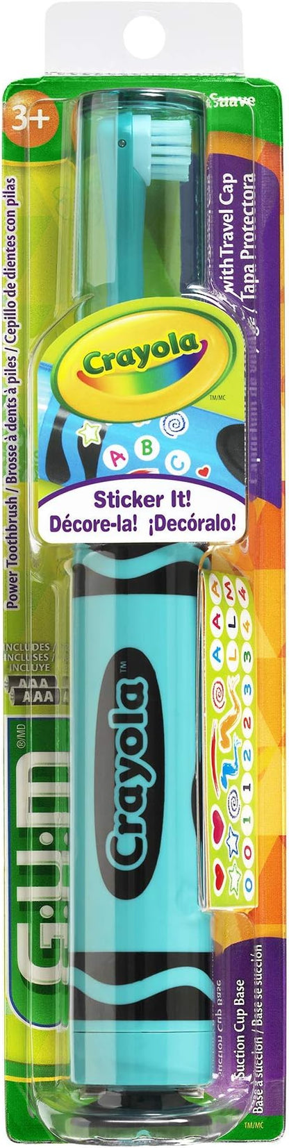 GUM Crayola Power Toothbrush for Kids, Extra Soft Bristled Toddler Toothbrushes, Travel Cap + Suction Cup Base, Batteries Included, 1ct