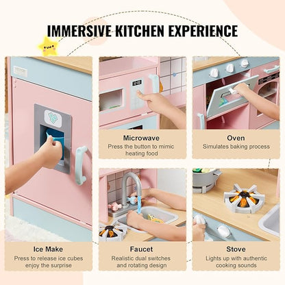 VEVOR Wooden Play Kitchen Toy, Play Kitchen for Kids with Lights and Sounds, Toddler Kitchen with Ice Maker, Oven, Sink, Microwaves, Fridge and Utensil and Fruit Accessory for Toddlers Ages 3-8, Pink