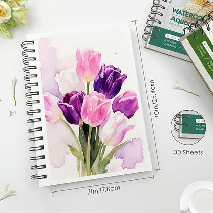 KOVIEDE 100% Cotton Watercolor Paper Pad 3 Pack (90 Sheets) Cold Press 140lb/300gsm Spiral Bound Watercolor Sketchbook, Artist Quality Art Journal Supplies (Bird-3 Pack, 7"x10")