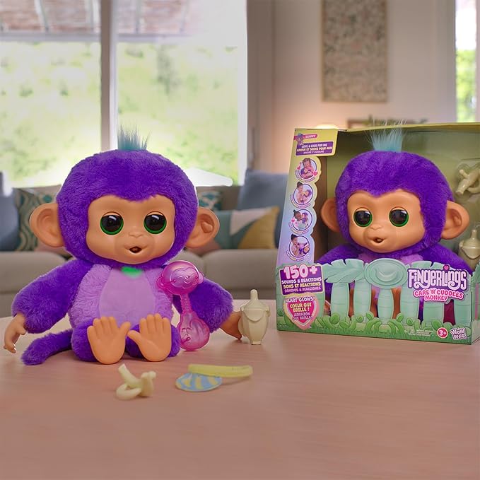 Fingerlings Care ‘n’ Cuddles Interactive Baby Monkey, Sunny (Purple), Toys for 3 Year Olds, 150+ Sounds and Reactions, Heart Lights Up