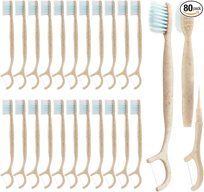 Travel Toothbrush Dental Floss Picks - 4 in 1 Biodegradable Disposable Toothbrushes with Tongue Scraper, Eco-Friendly Individually Wrapped Toothbrush for Adult Kids Travel Oral Care, 80 Pack