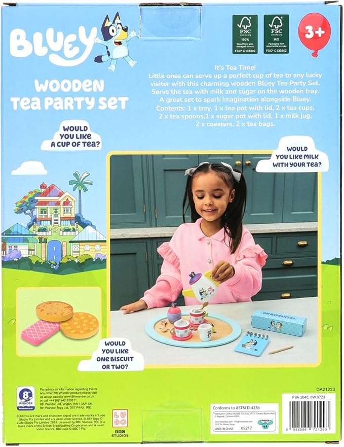 Bluey – Tea Party Set – Wooden 18-Piece Pretend Play Set with Tray, Teapot, Tea Cups, Biscuits, and Notepad for Children 3 Years and up – Imaginative Fun and Role-Playing, FSC Certified