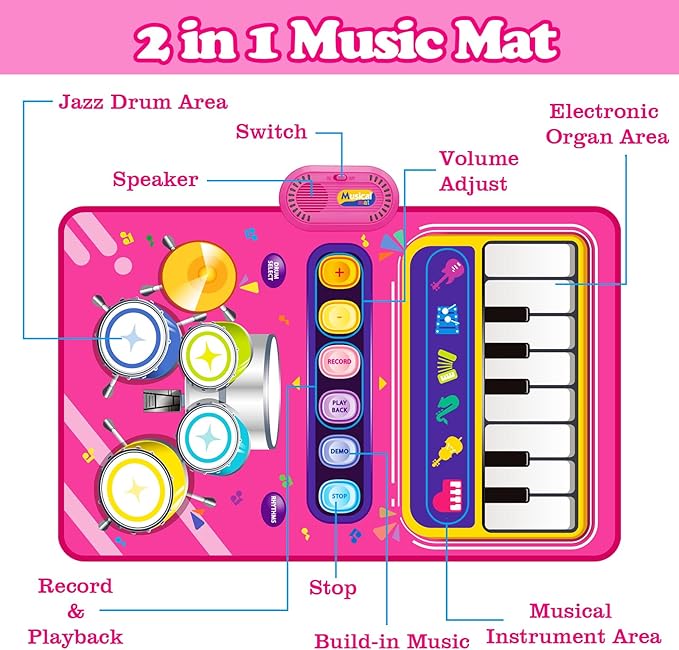 Toys for 1 Year Old Girl Gifts: Baby Piano Mat Toddler Toys Age 1-2 - 2 in 1 Piano Drum Babies Music Mat - Infant Musical Toy 12-18 Months Babies Birthday Easter Gifts for 1 2 3 Year Old Boys Girls